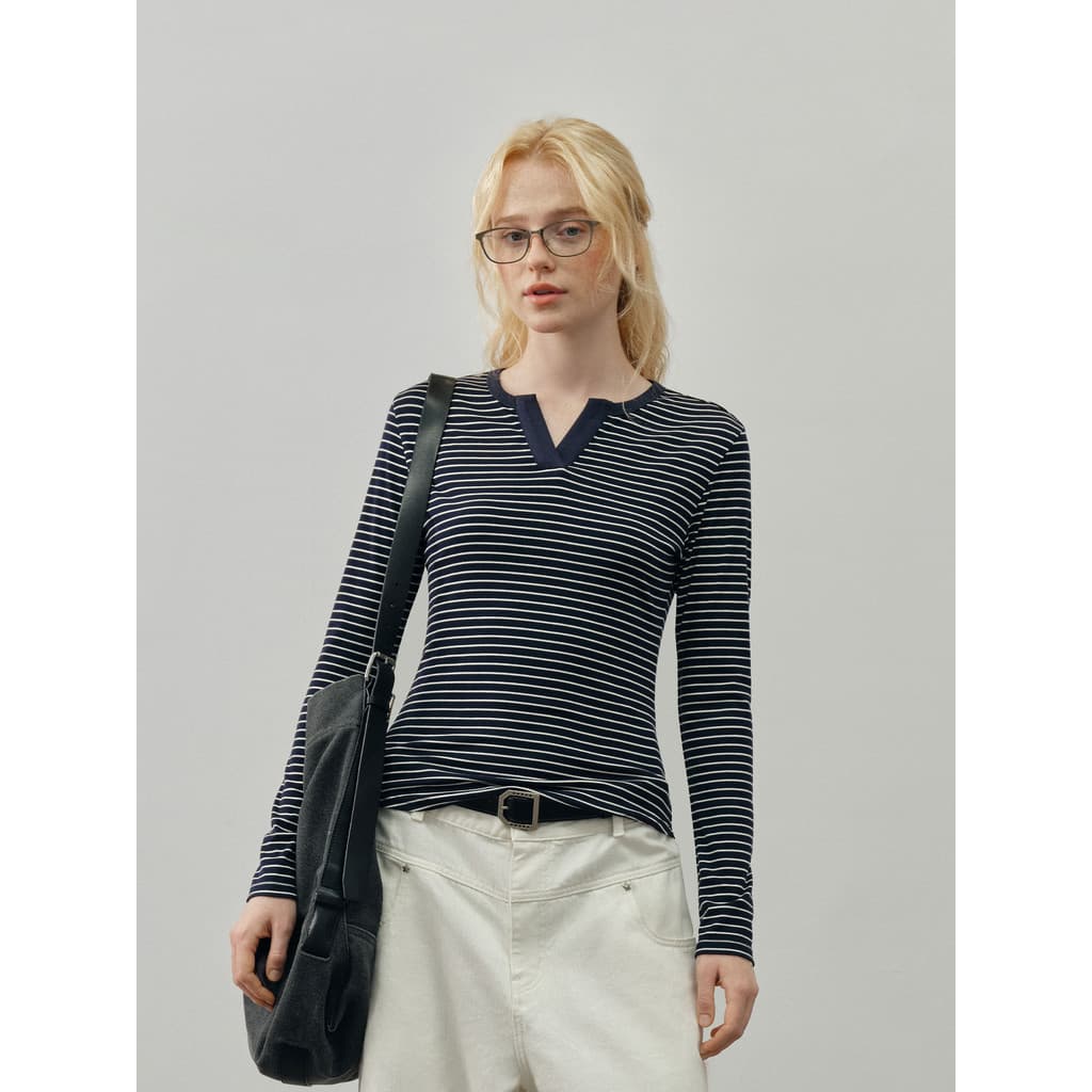 P PSO Marca Feminina Listrada Contraste Cor Com Decote Em V Casual Senhoras Manga Comprida Top Slim-Fit Sli