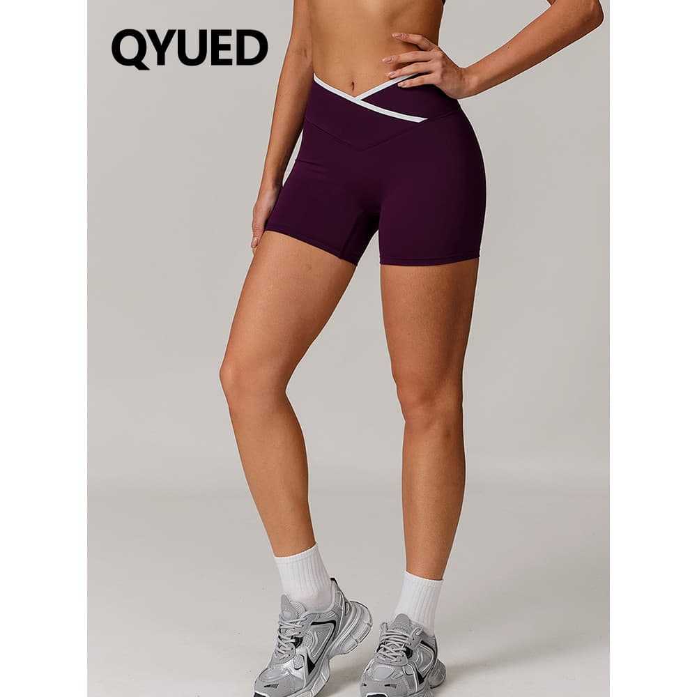 Contraste cor cruz cintura alta Yoga Shorts feminino elástico magro nu pêssego Hip-Lifting esportes calças de três ponto
