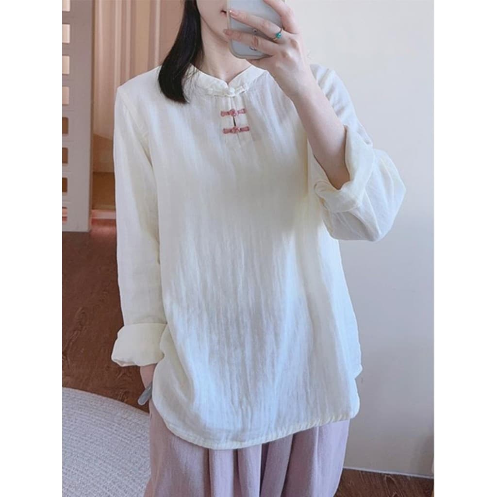 Zimo Qinghe ~ Estilo Chinês Contraste Paleta de Cores Botão Camisa de Gaze de Algodão Feminina Manga Comprida Branca Gol