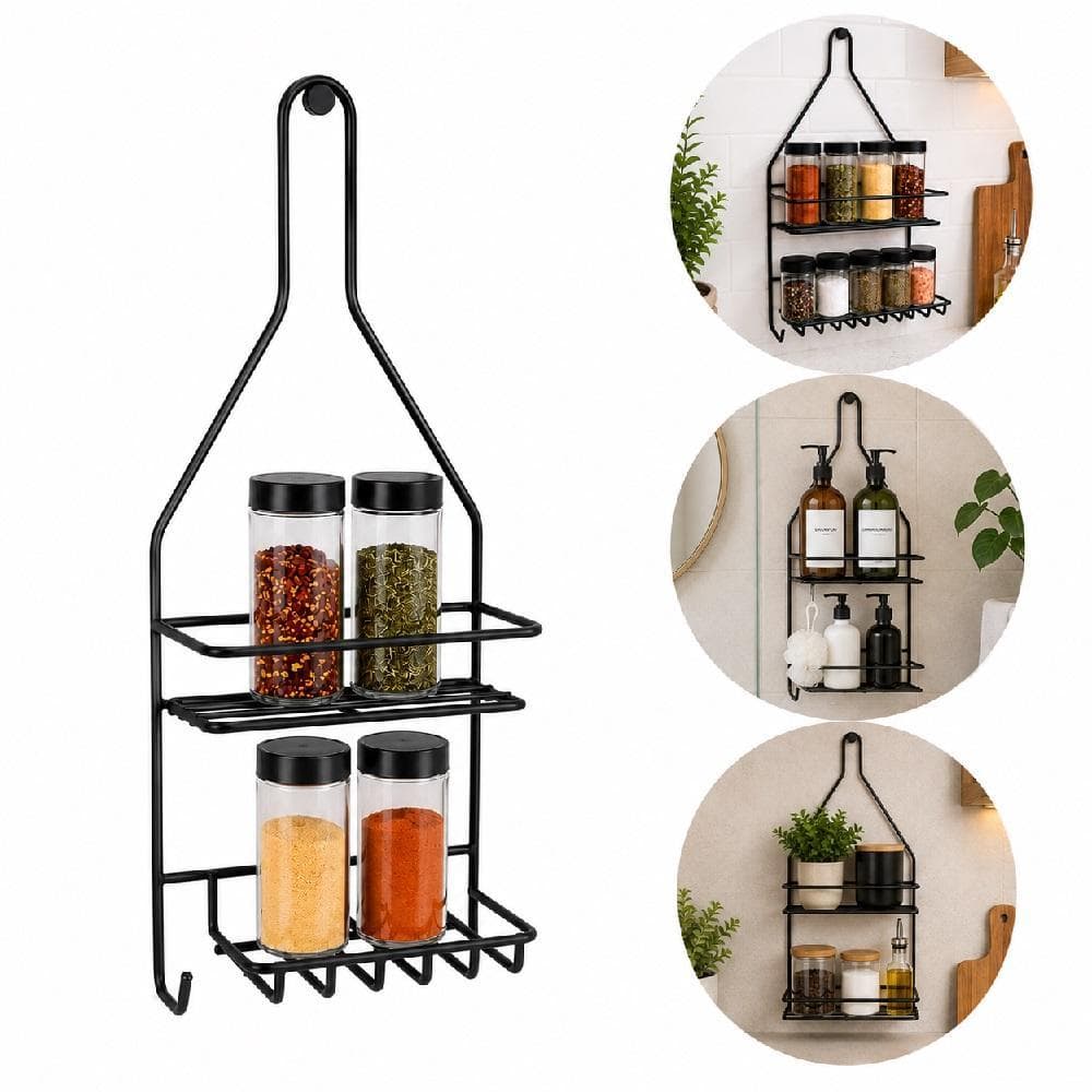 PORTA SHAMPOO DUPLO PRETO ORGANIZADOR MULTIUSO 2 PRATELEIRAS COM GANCHOS SUPORTE BANHEIRO COZINHA SABONETEIRA BLACK