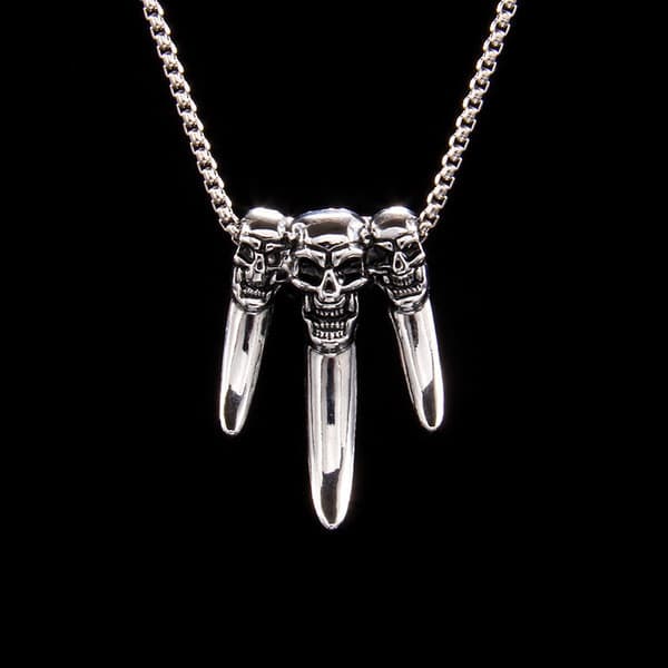 | colar prata | 【bijuterias femininas】 ☛Europeu americano alternativa exagerada três crânios garras acessórios de aço in