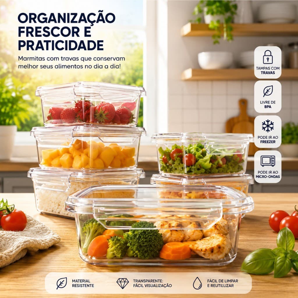 Kit 10 Marmita Potes 800ml com Travas Laterais BPA FREE - Alimentos organizadores de congelador