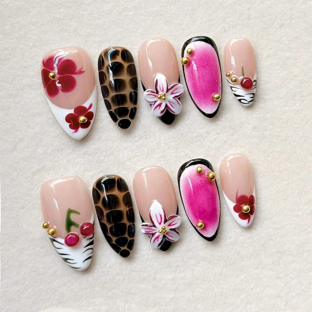 30 peças tridimensional amêndoa usar unhas doce Premium francês cereja flor leopardo impressão Manicure peças de unhas