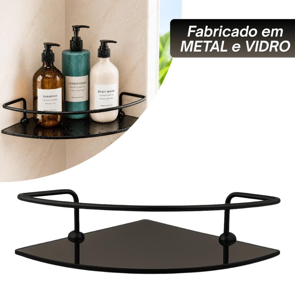 Porta Shampoo de Vidro Canto Fumê com Haste Metal Preto Fosco Acompanha Parafuso