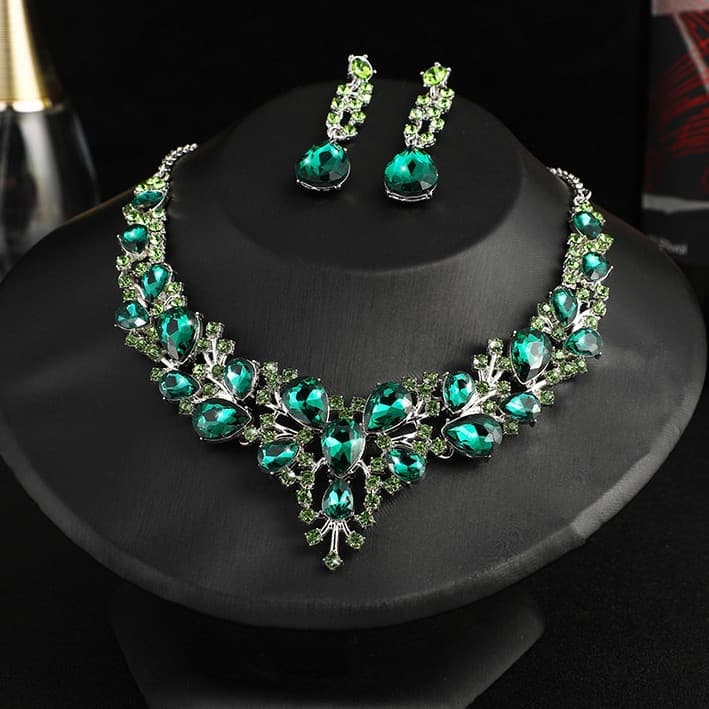 Design Retrô, Colar de Cristal com Pedras Preciosas, Conjunto de Brincos, Exquisito, Estilo Fashion, Acessórios de Casam