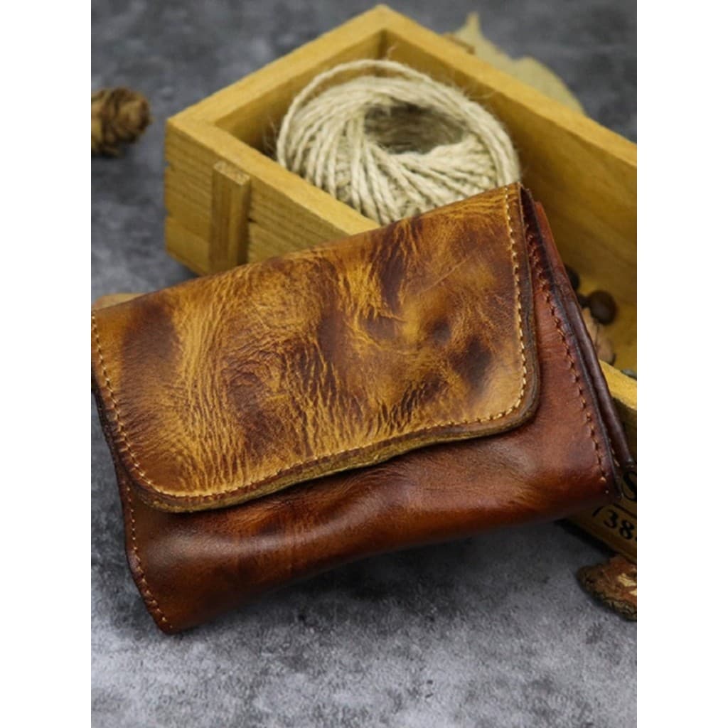 Couro curtido vegetal masculino feminino couro curto pequena carteira Retro artesanal zíper primeira camada de couro eur