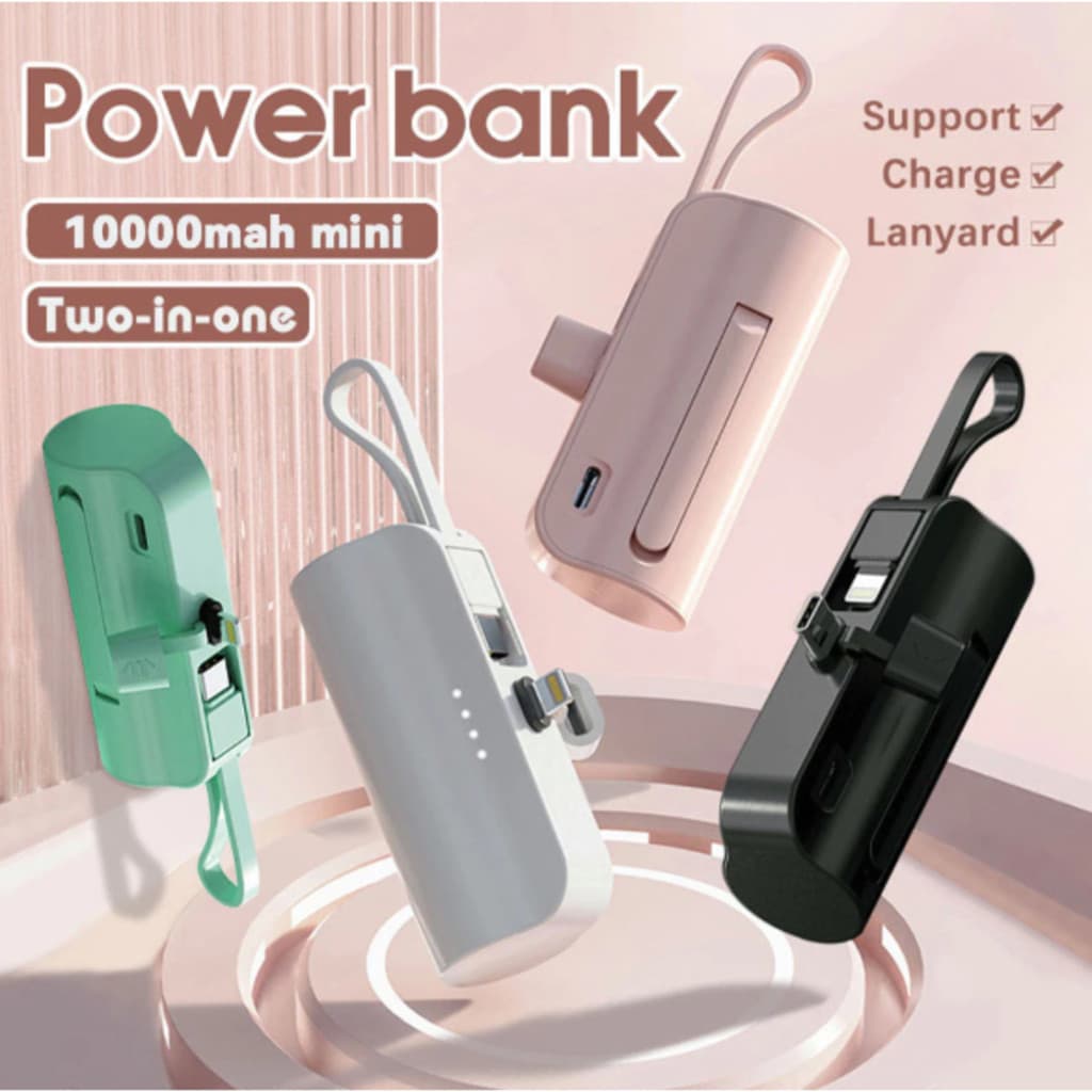 Mini Power Bank 10000mAh para Viagens Recarga Sem Fio e Cabo iPhone e Tipo-C 2em1
