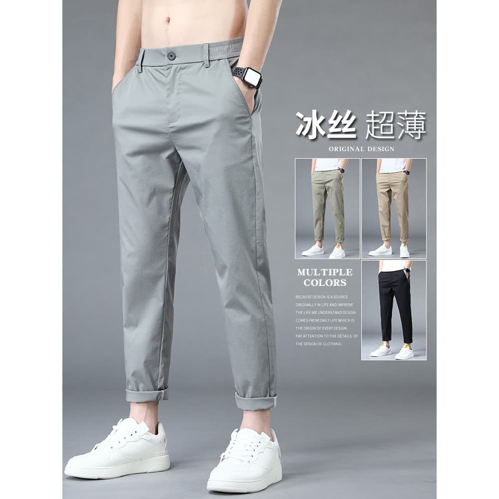 Calças de seda gelo masculinas verão estilo fino solto em linha reta cinza calças masculinas cintura elástica calças cas