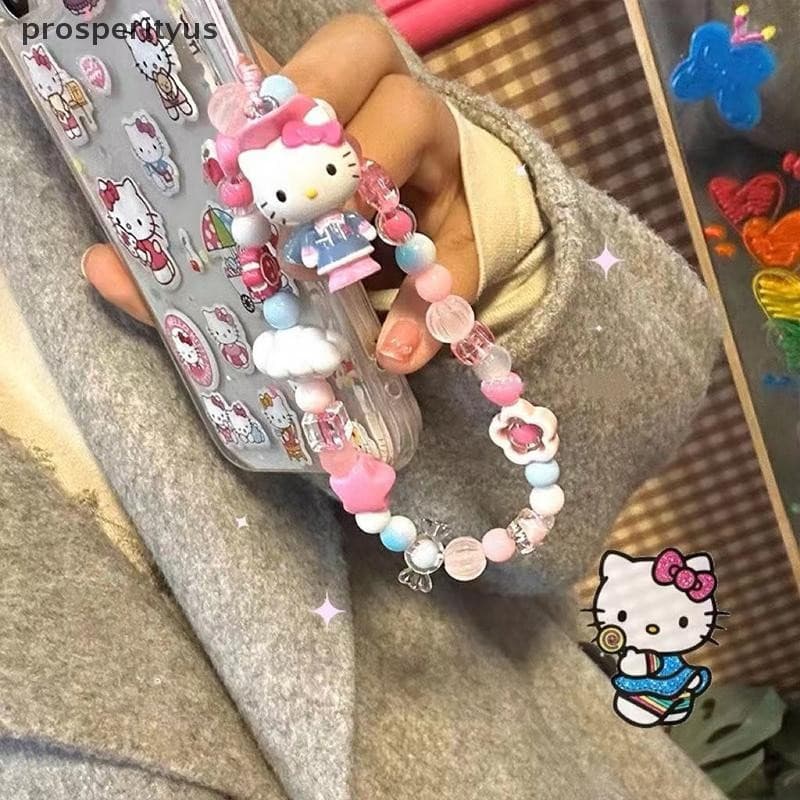 [prosperityus] Bonito Amor Anjo Hello Kitty Corrente De Telefone Com Contas Menina Coração Decorado Pendurado Mochila Co