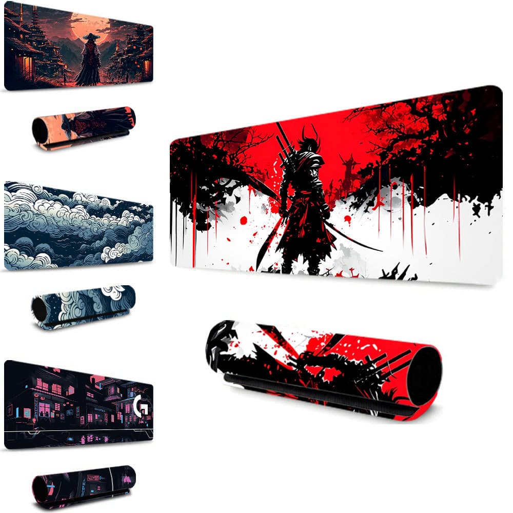Mouse Pad Grande Arte Oriental Samurai Sakura Preto Vermelho Design De Tinta Splash Antiderrapante 30*80CM