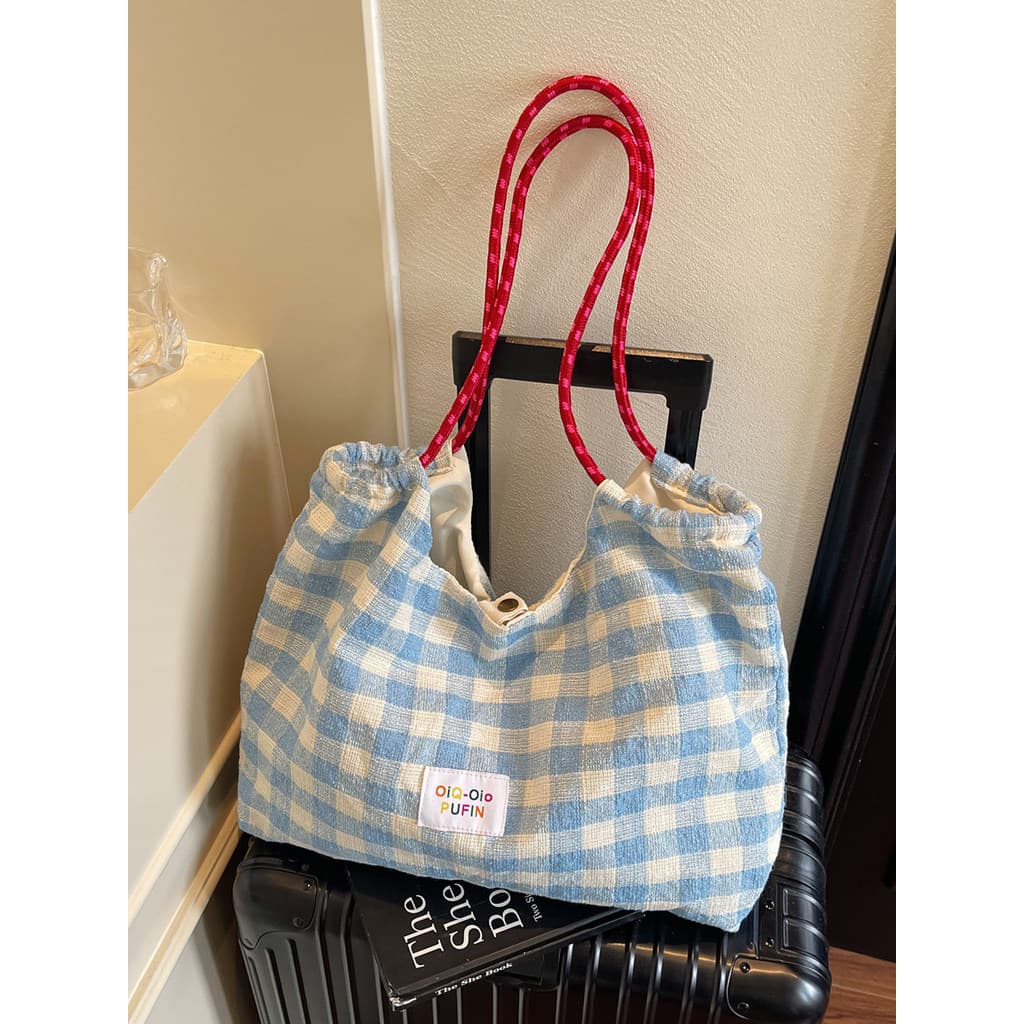 Bolsa de lona estilo preguiçoso coreano novo estilo xadrez de grande capacidade bolsa de ombro nicho All-Ma