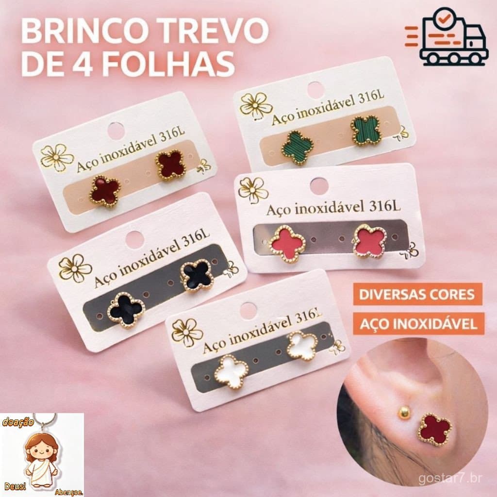 Par Brincos Trevo de 4 folhas Aço Inoxidável Novo Estilo Simples Escolha Preto Branco Rosa Verde