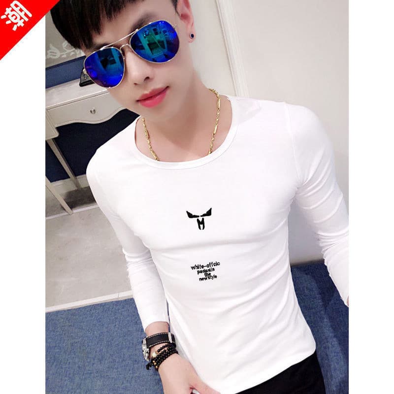 Camiseta branca de manga comprida masculina primavera outono tendência versão coreana meia manga cor sólida camisa de fu