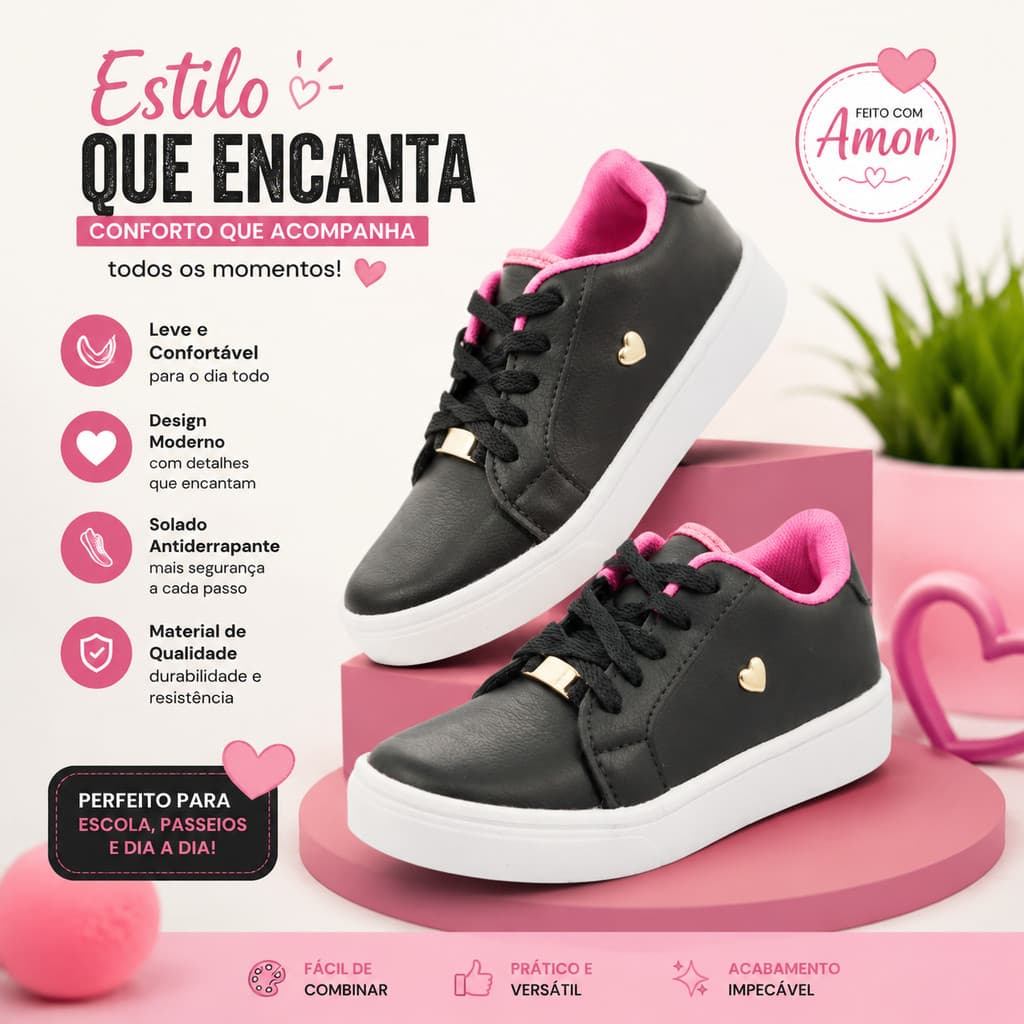 Sapato Infantil Feminino Preto Com Interior Rosa Confortável Estilo Casual Moderno Atual