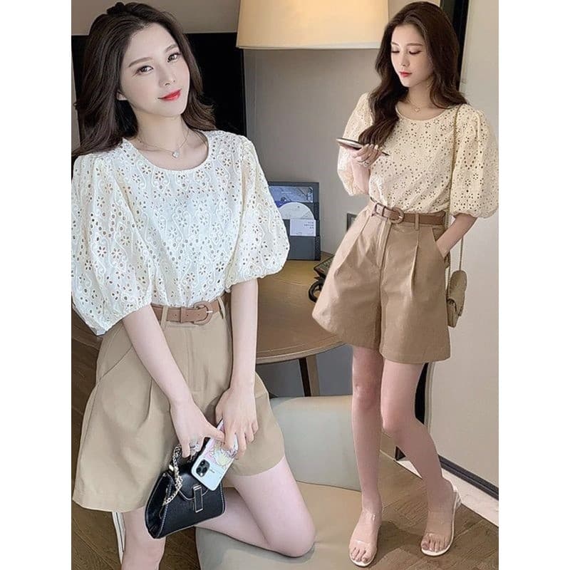 Verão novo estilo versão coreana oco topo com Shorts de perna larga terno de duas peças pequeno estilo ocidental reduzin