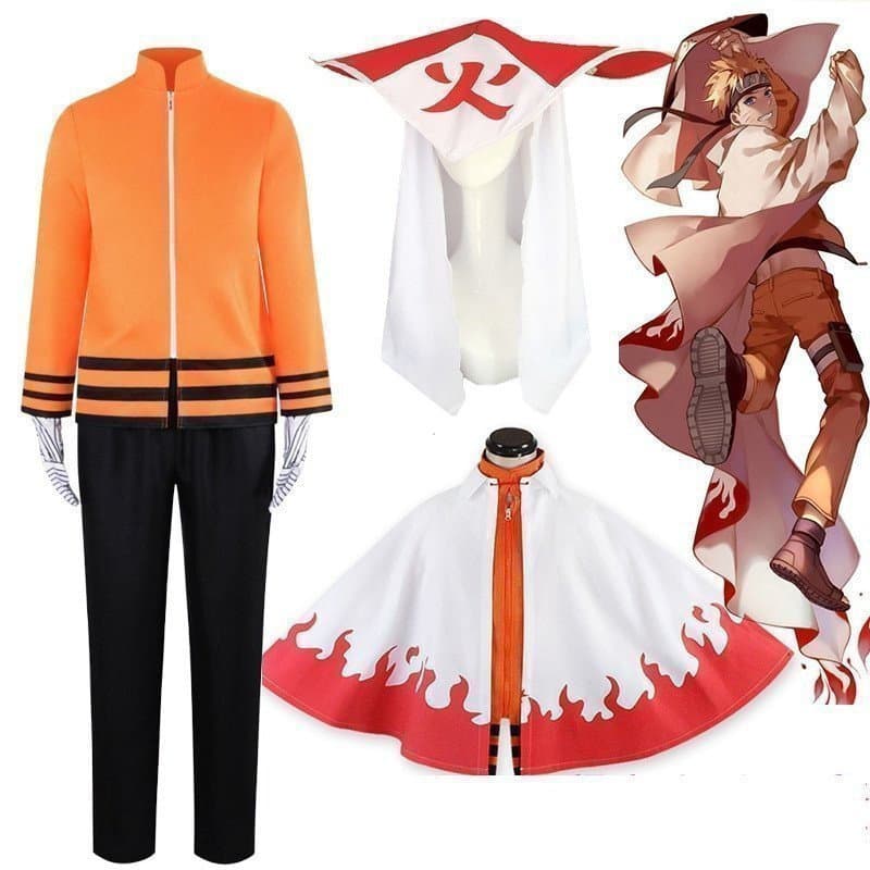 Fantasia de Cosplay do Anime Naruto Uzumaki 7º Hokage, Conjunto Completo para Halloween, Inclui Jaqueta, Calças e Boné