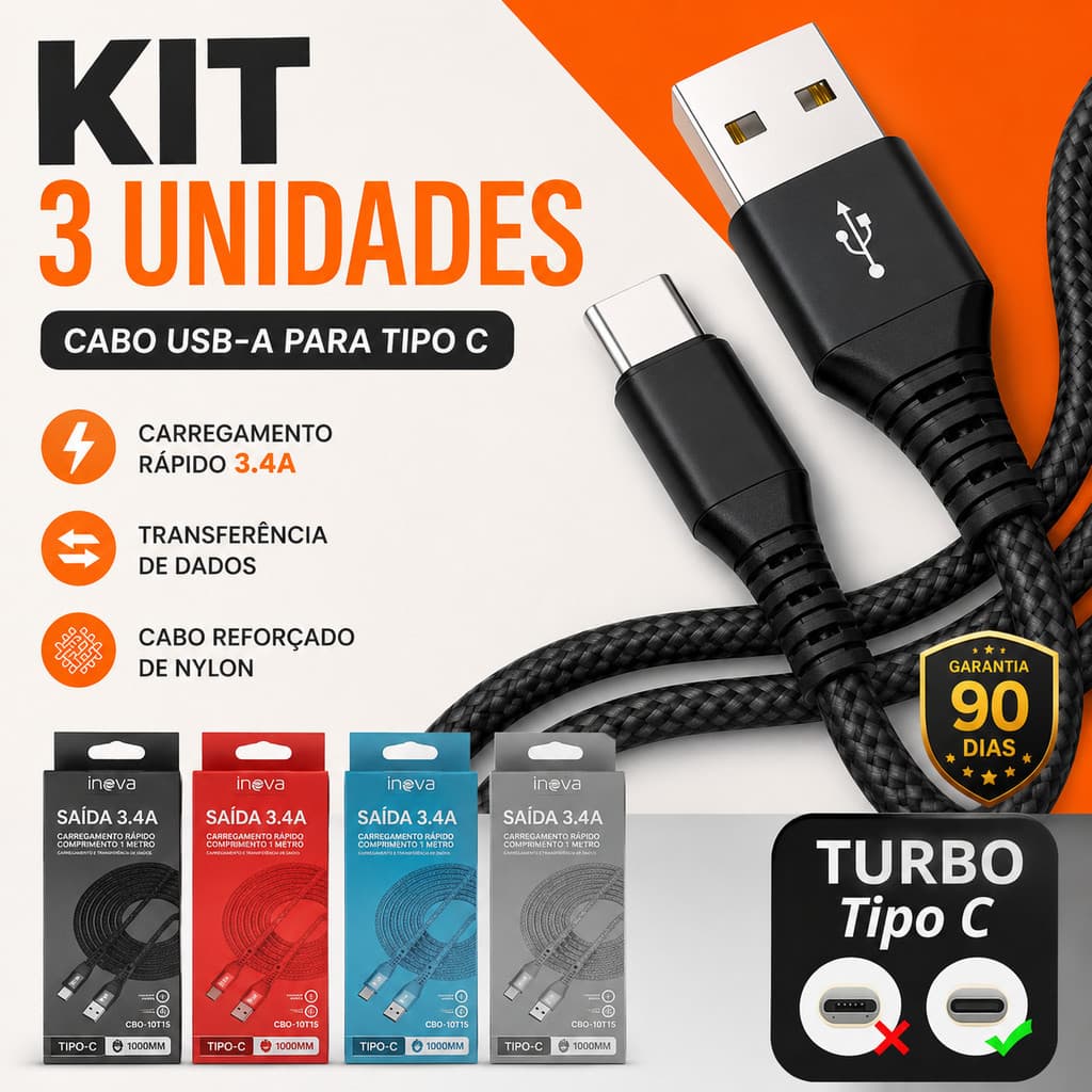 3 Cabos USB-C Inova 1 Metro Turbo 3.4A Carregamento Rápido Cabo Resistente Nylon