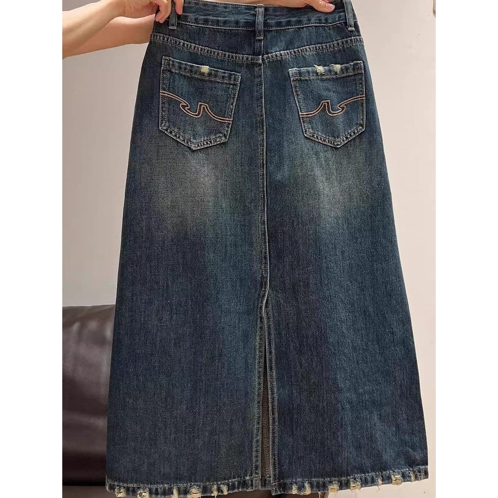 Angustiado desgastado Denim saia feminina verão desgastado franjas gordura mm solto mais magro olhar saia dividida A lin