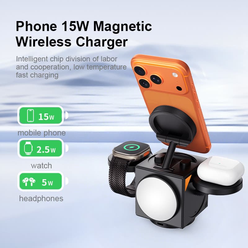 Carregador sem fio magnético dobrável automático, suporte de carregamento de mesa para relógio de celular