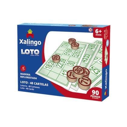 Jogo de Loto 48 Cartelas Cartões com Peças de Madeira Xalingo