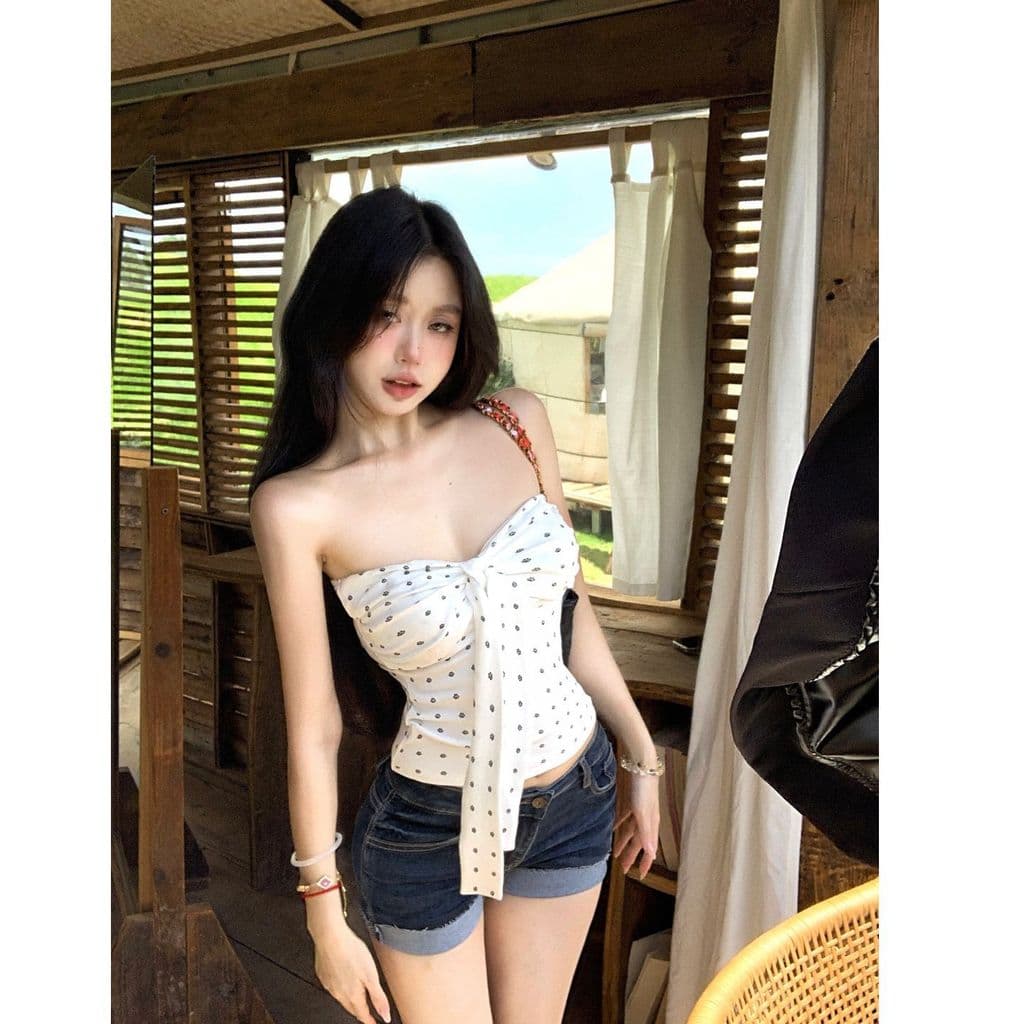 Coreano doce quente menina bolinhas filhote de cachorro pata impressão completa tubo superior colete feminino verão arco