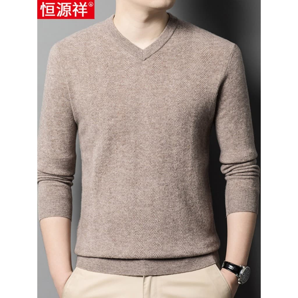 Hengyuanxiang 100 suéter puro masculino coração de frango com decote em v camisa de fundo de malha interna pulôver suéte