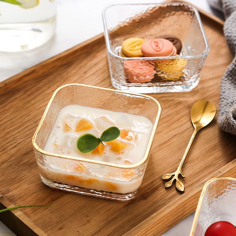 Tigela de vidro com padrão de martelo japonês, tigela quadrada de sobremesa, salada de frutas, sorvete, aveia, café da m
