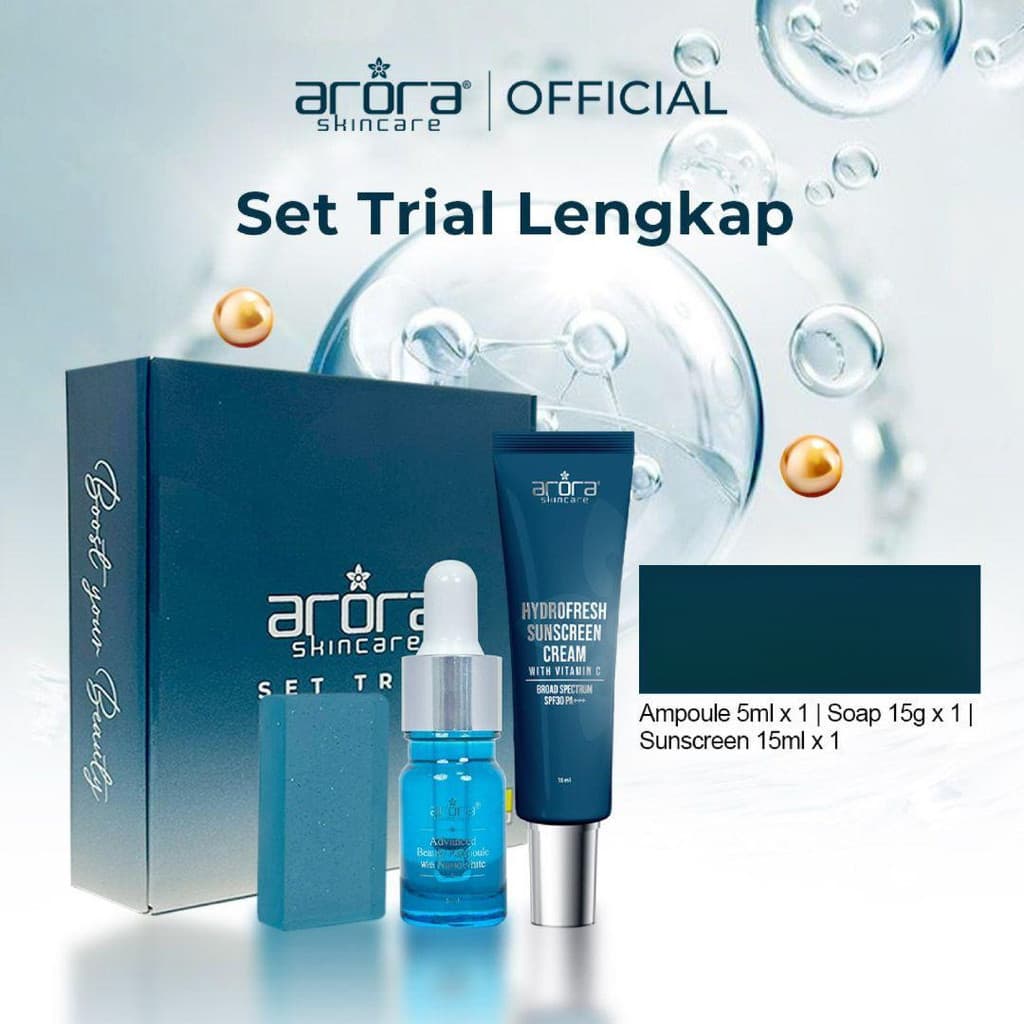 Conjunto Completo de Teste ARORA SKINCARE - Ampola de Beleza Avançada com Nanowhite, Protetor Solar Hydrofresh Arora e S