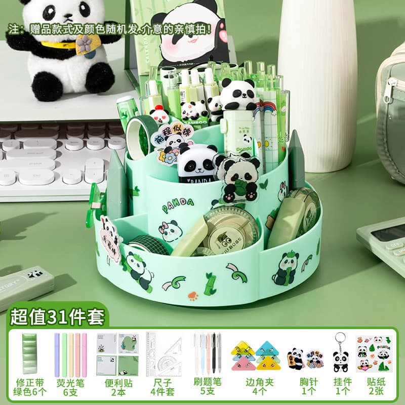 Porta-canetas giratório de grande capacidade com nove grades Panda Família Estudantes Caixa de armazenamento de papelari