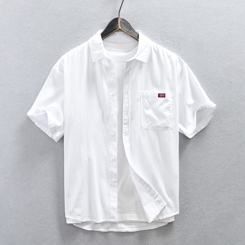 Camisas masculinas de verão puro algodão branco camisas de manga curta solta japonesa Casual trabalho simples cor sólida