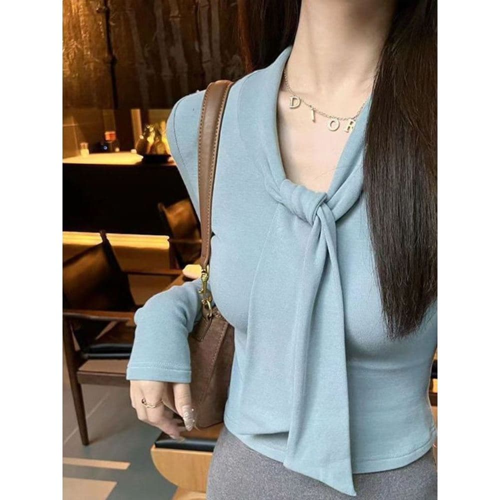 Fita francesa de manga comprida veludo alemão outono inverno camiseta Slim-fit Look mais fino cachecol de celebridade el