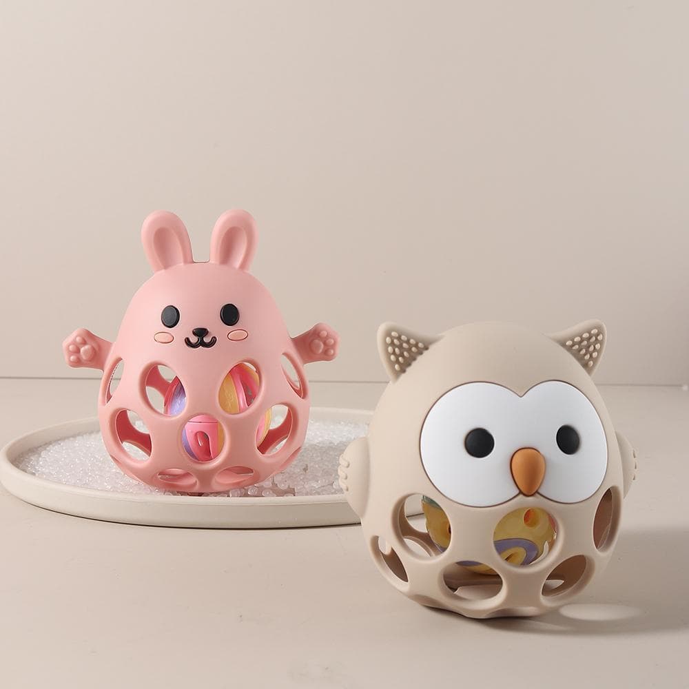 Bebê grau alimentício Silicone chocalho sino mordedor bebê dos desenhos animados coelho coruja treinamento capacidade de
