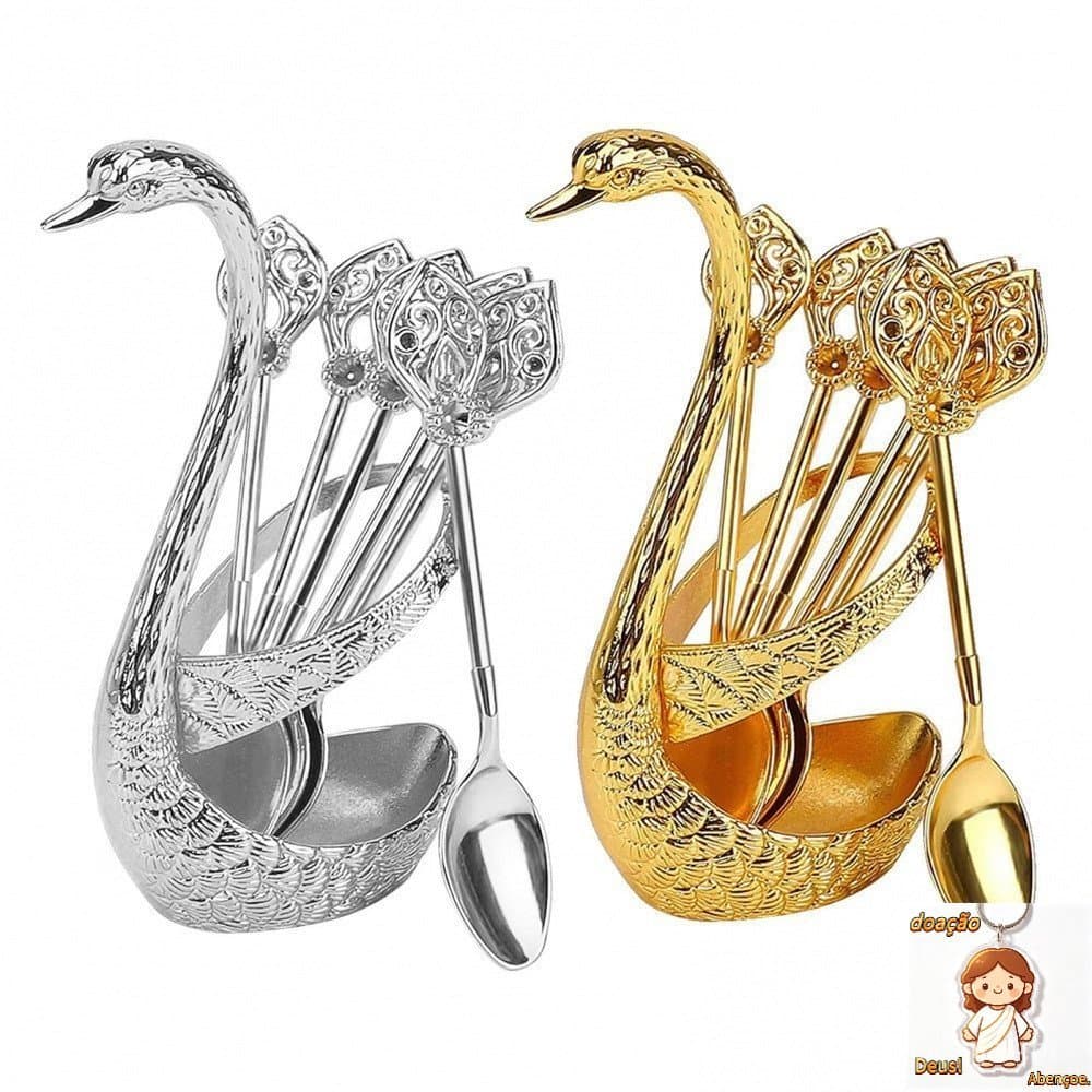 Conjunto de Colheres de Café Douradas em Forma de Cisne, Conjunto de Jantar Criativo 6PCS, Colher de Sobremesa Exquisita