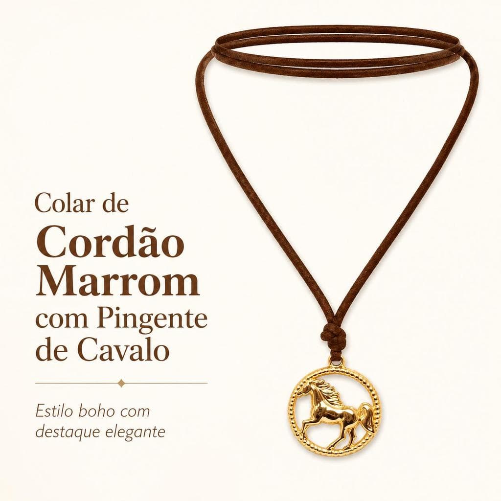 Colar de Cordão Marrom com Pingente de Cavalo Dourado, Estilo Boho Western, Acessório Feminino Casual