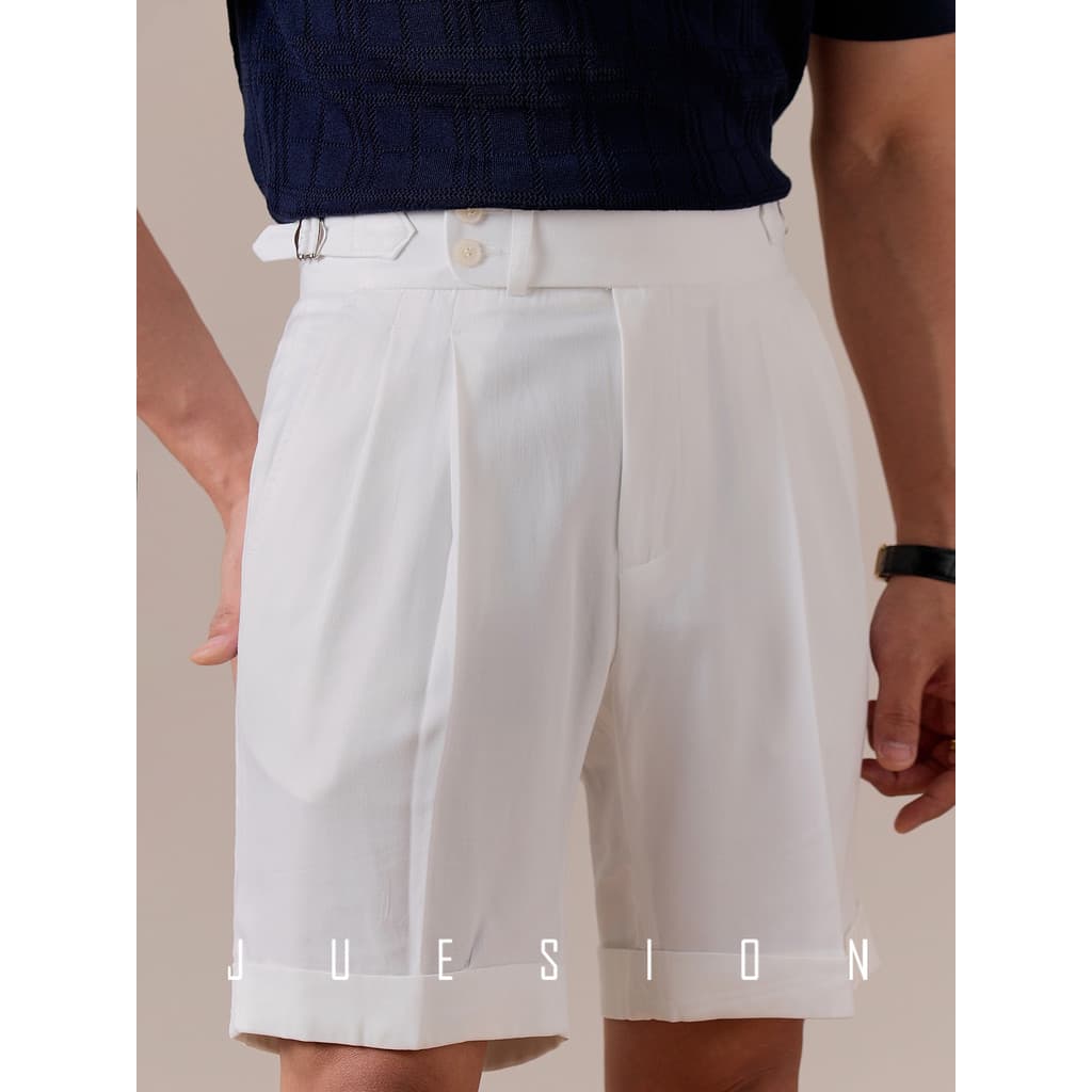 Jusion verão não-ferro nápoles duplo botão terno Shorts masculino duplo plissado Casual negócios calças cortadas calças