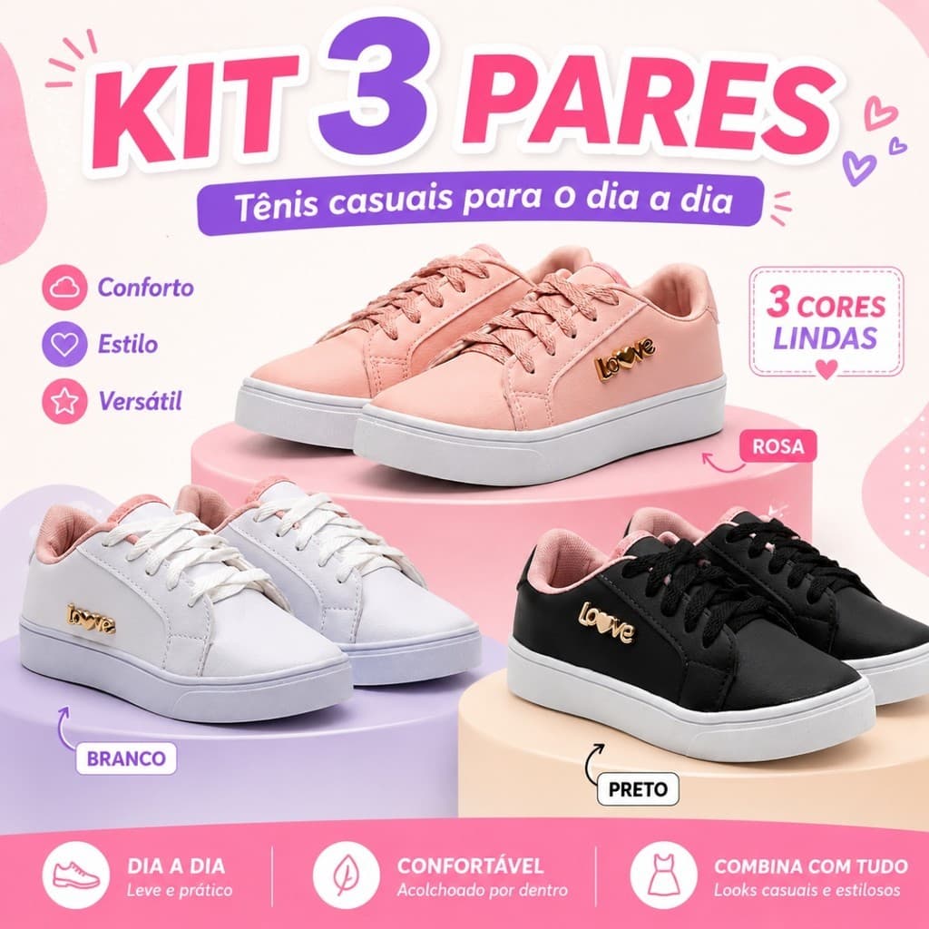 Kit 3 Pares Tênis Infantil Menina Com Detalhe Dourado Solado Branco Para Uso Diário