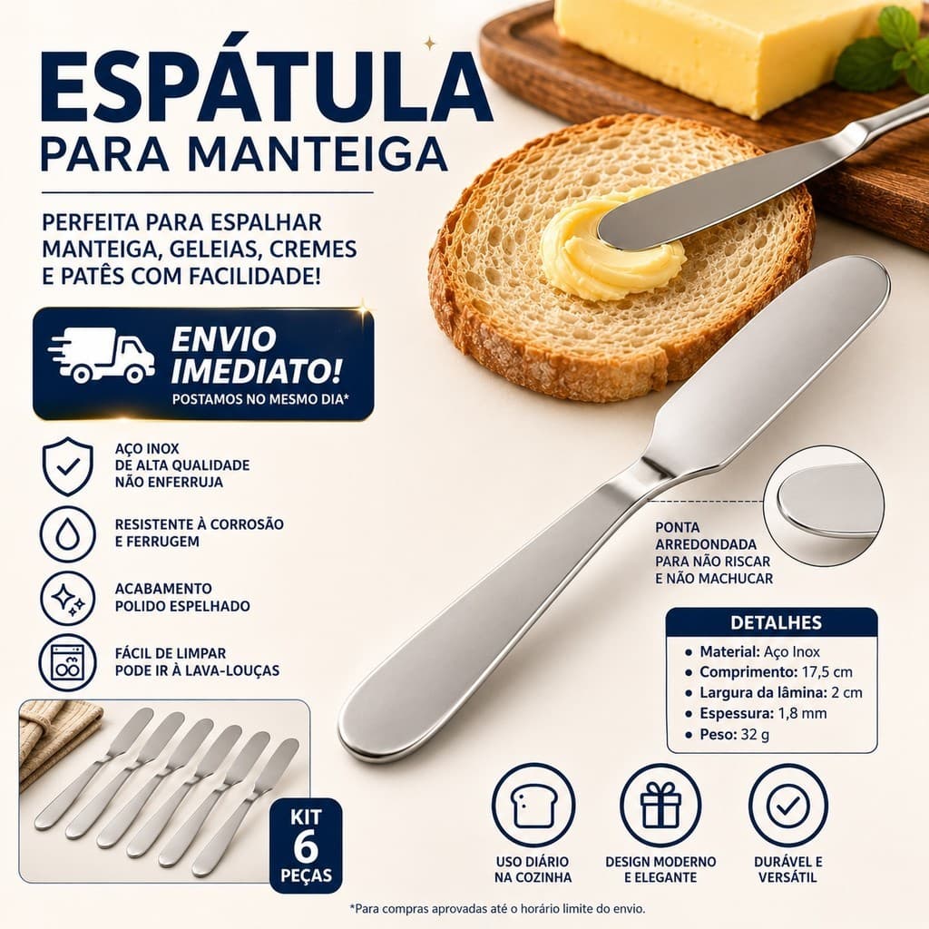 Kit Espátula para Manteiga em Aço Inox Faca para Creme Geleia Utensílios para Cozinha em Geral