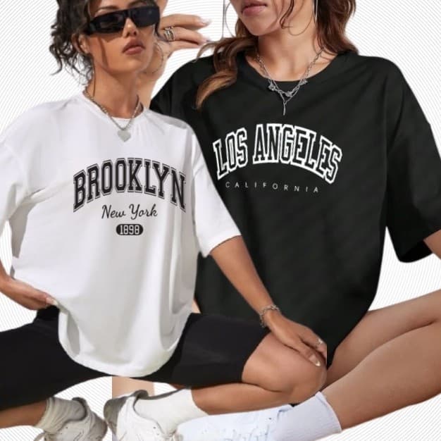 Kit 2 Camiseta Oversized Feminina Streetwear Los Angeles Brooklyn