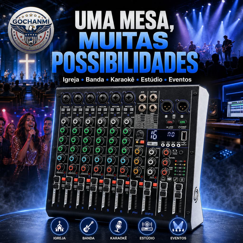 Mesa de Som BW6 6 Canais Equalizador 3 Bandas 45mm Fader USB Bluetooth Bivolt