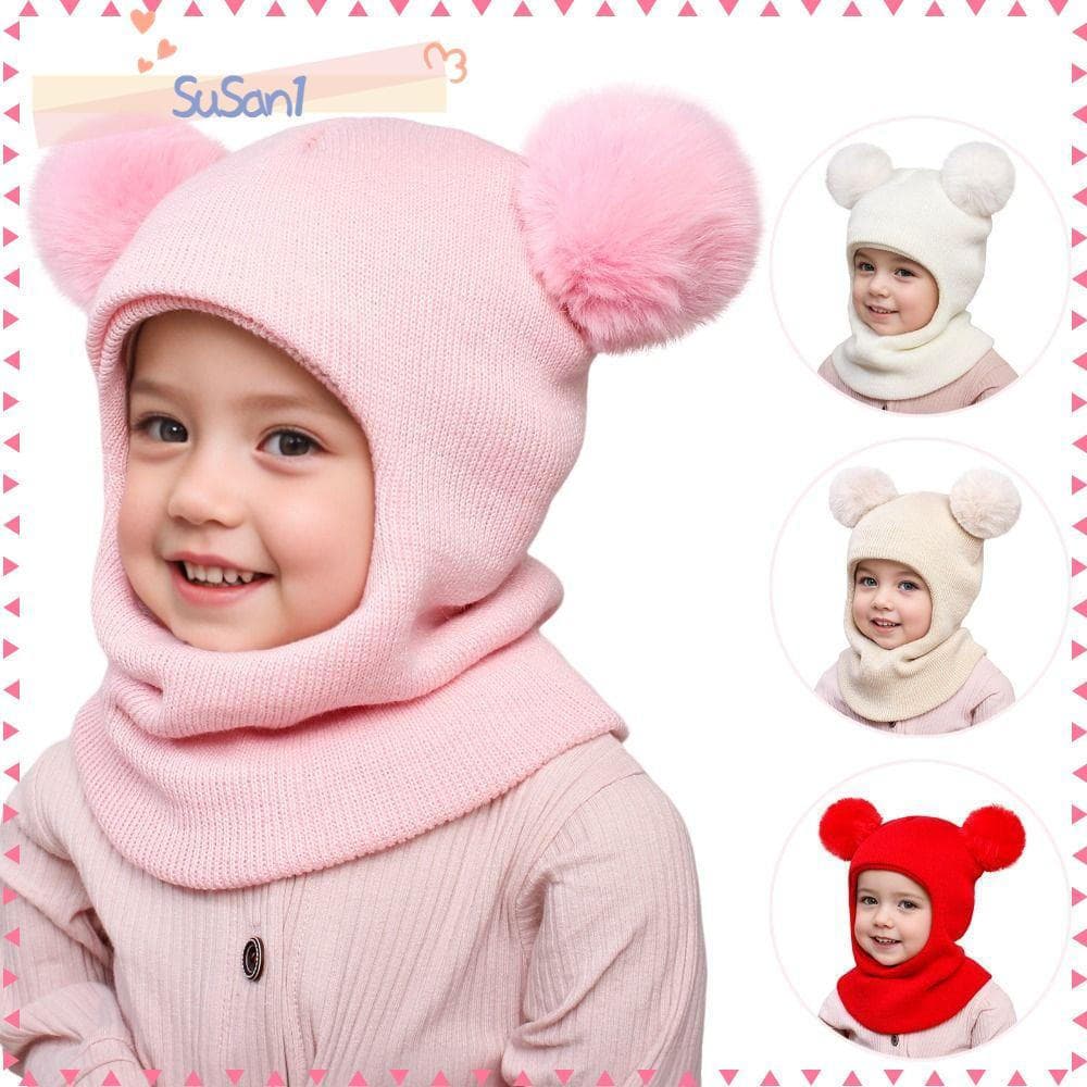LUCKY-SUSAN1 Balaclava, Bonito Chapéu-Cachecol de Peça Única com Proteção para as Orelhas, Gorro de Lã com Pompom VMOH