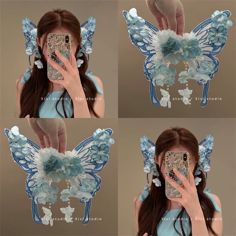 Grande presilha de cabelo em formato de borboleta com flores de seda, presilha lateral, borboleta esvoaçante com aparênc