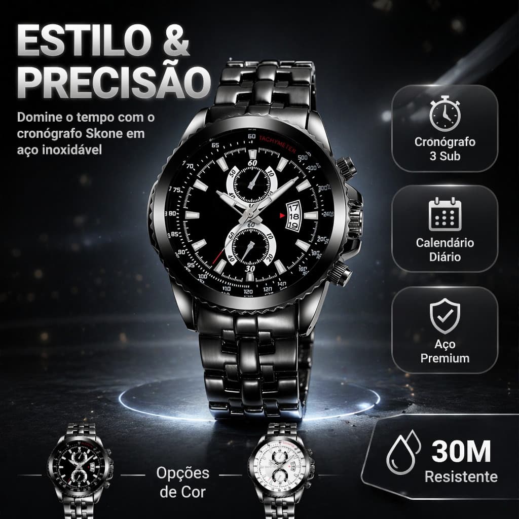Relógio Masculino Cronógrafo Quartzo Aço Inoxidável 3 Submostradores Calendário Data 30 Metros Resistente Água Branco