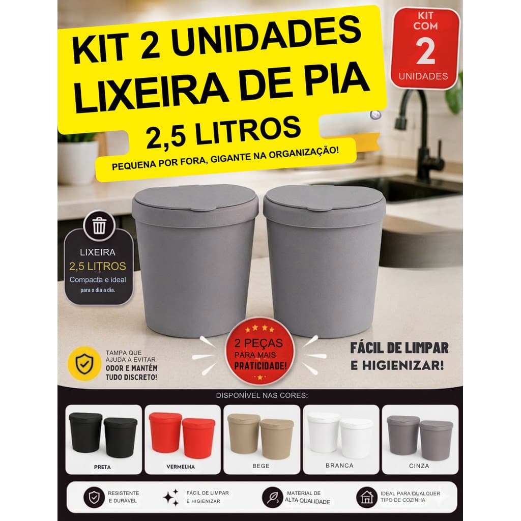 Lixeiras 2,5L de Pia Kit 2 Cozinha Banheiro Escritório Bancada Compacta Tampa Articulada