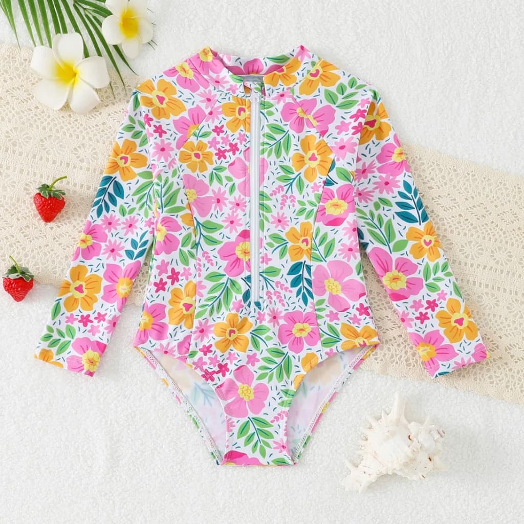 Estampado Meninas Maiô De Uma Peça 4-7 Anos Crianças Roupa De Banho Manga Longa Surf Trajes Beach Wear