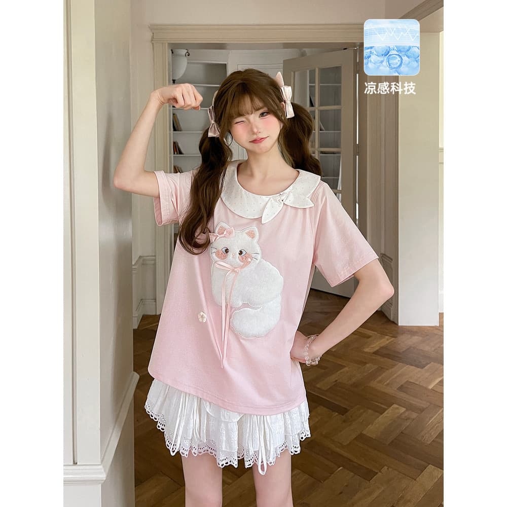 Mori menina tribo estilo Preppy gato boneca gola camiseta feminina de manga curta verão rosa estudante do ensino médio b