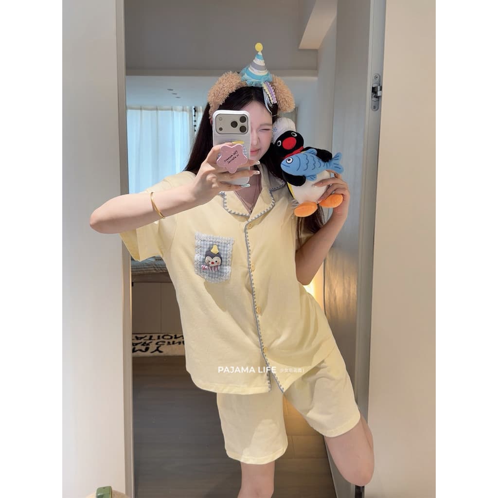 {Pudim Penguin} Pijama de algodão puro de desenho animado feminino verão cardigã de manga curta Casual exterior vestível
