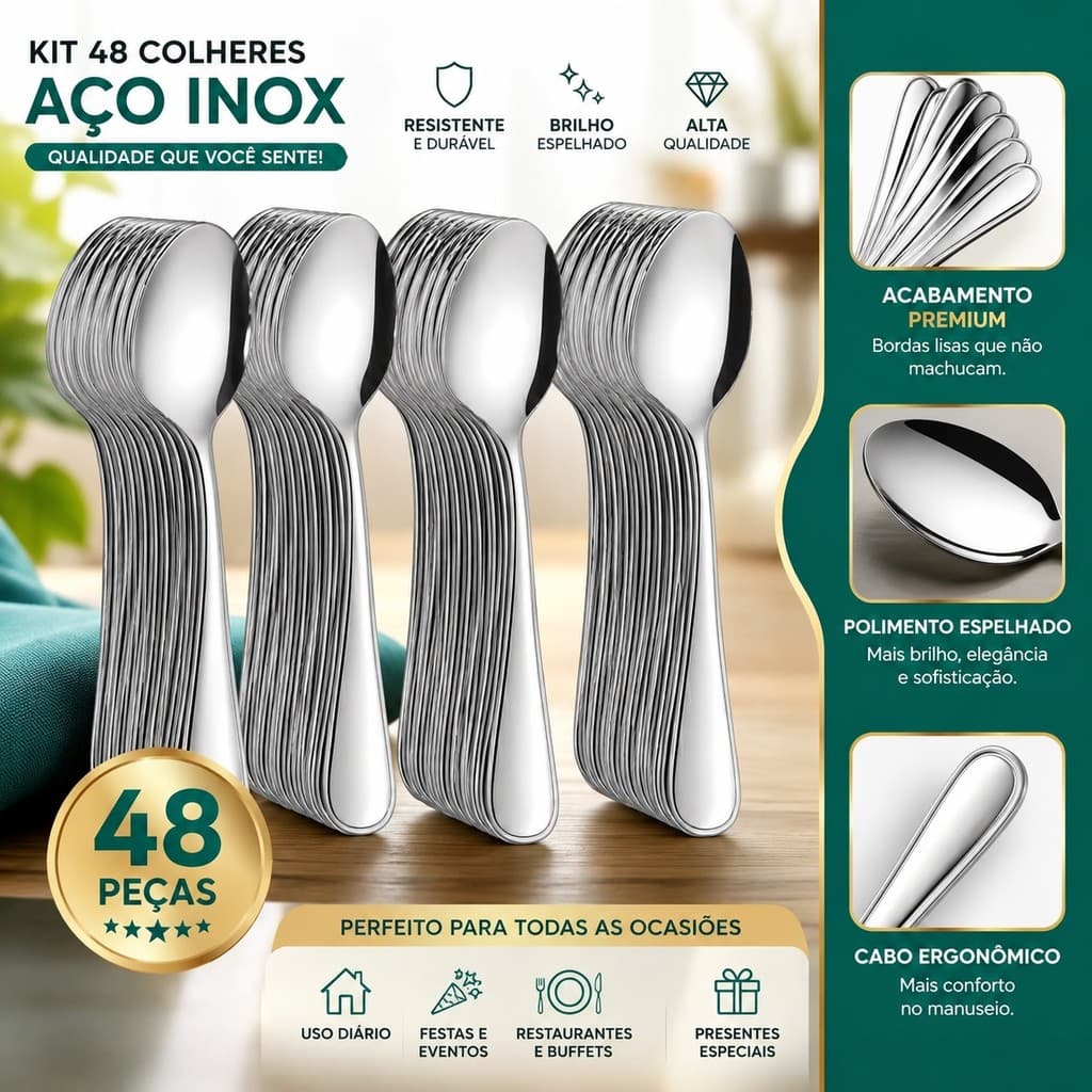 Jogo de Talheres 48 Peças Colher de Sopa em Aço Inox Jogo de Talher Colheres de Mesa PREMIUM