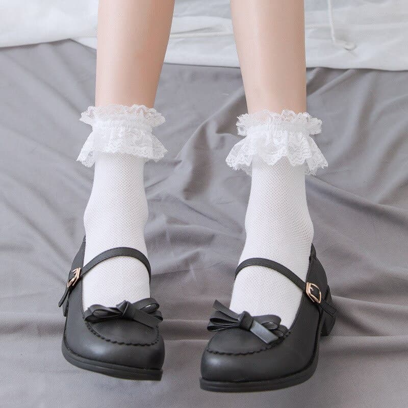 Meias Femininas Vintage de Algodão JK Hosiery Lolita com Laço de Coração e Fita Kawaii Estilo Harajuku com Renda Branca