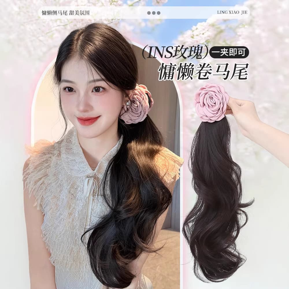 [Estoque pronto] Rose Bud Grab Clip Cabelo Encaracolado Rabo de Cavalo Estilo Mori Gravata Lateral Fofa Peruca Trança Lo