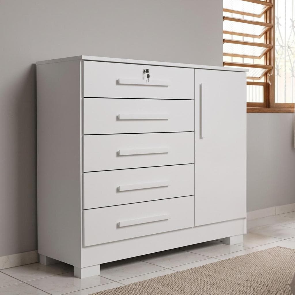 Cômoda Quarto 5 Gavetas 1 Porta  com Chave  2 Divisórias